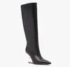 Botas de primera mitad de lujo de invierno para mujer, cuero de napa, punta redonda, cremallera lateral interior, cabeza dorada, diagonal, forma de F, tacón estéreo, moda de lujo