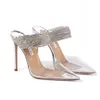 Nouveau AQUAZZURA embelli strass sangle pantoufles PVC Slip sur bout pointu talon aiguille sandale à talons hauts luxe pour les femmes Chamois daim designers pantoufle ss