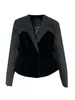 Women's Suits PREPOMP 2023 Autumn Winter Collection V Neck Velvet Patchwork Slim Waist Black Blazer Women Jacket GM174