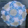 Hochzeitsblumen JaneVini Charmante hellblaue weiße Band-Brautsträuße mit silbernen Strasssteinen, künstlicher Satin-Rosenstrauß