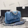 Womens Designer Blue Denim 19 Series Camellia Bags With Silver Metal Hardware Turn Lock Armelelt Chain Handle Totes Crossbody Shoulder Handbags 26cm