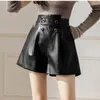 Women's Shorts Black Faux Leather A-Line Women With Belt High Waist Loose Pocket Wide Leg PU Casual Pants 2023