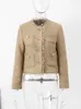 Womens Wool Blends Elegant Women Camel Tweed Jacket Autumn Long Sleeve Button Frayed Cropped Female Fashion Oneck Pocket Short Coats 231021