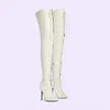 Lady lederen laarsjes 2024 Martin Stiletto High Heel Long Boot Mix Color Boots Women Thigh Booties Pillage Tenen Cross-Tied trouwschoenen Zipper Vatper