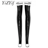 Socken Strumpfwaren YiZYiF Frauen Wetlook Lacklederstrümpfe Shinny Thigh High Stay Up Rüschenstrümpfe knielange sexy Strümpfe für Frauen 231021