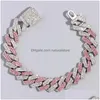 Łańcuchy Hiphop Pink Crystal 14 mm Rhombus Prong Cuban Link Naszyjnik dla kobiet Fl Rhinestones Pave Iced Out Biżuterchains DHT2E