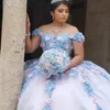 Himmelblå quinceanera klänningar bollklänning för söta flickor 3d blommor vestidos de xv anos pärlor födelsedag prom klänning