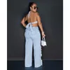 Women's Two Piece Pants 2023 Solid Color Denim Suit Fashion Sexy Spaghetti Strap Bra High Waist Ripped Wide-Leg Jeans