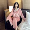 Women's Two Piece Pants Fdfklak Autumn Winter Women's Home Clothes Long-Sleeved Pajama Sets Sexy Gold Velvet Two-Piece Suit Pijama Feminino 231021