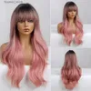 Perucas sintéticas longo cabelo ondulado com franja pura ombre marrom a rosa peruca perucas sintéticas para mulheres cosplay diário festa uso fibra resistente ao calor q231021