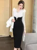 Basic Casual Dresses Fashion Elegant Sexy MIdi Dresses for Women Black White Spliced Sheer Lace Long Sleeve Slim Split Robe Female Party Office 2024