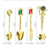 Coffee Scoops Carved Metal Gold Vintage Fruit Tableware Snacks Coffeeware Spoons Fork Kitchen Tool Teaspoon Cutlery Set