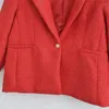 Costumes d'hiver pour femmes, veste Blazer rouge texturé à un bouton, décontracté à manches longues, classique, Vintage, Chic, hauts, 2023