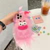 携帯電話のケース韓国スーパーかわいい3DロングヘアDIYモンスターボウカメラレンズケースiPhone 11 12 13 14 15Pro Max Furry Hand Warmer Cartoon Cover 231021