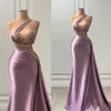 Robes de soirée lavande robe de soirée de bal plus la taille nouvelle fermeture éclair personnalisée à lacets perlée satin sirène une épaule sans manches appliques plissées