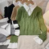 Женская трикотажная футболка в стиле пэчворк, вязаный свитер, пуловеры, топы, модная повседневная рубашка на пуговицах с длинными рукавами, пуловер 2 в 1, блузка, топы 231020