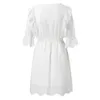 Casual Dresses Women Chic Embroidery Hollow Out Party Dress Sexy Lace Button Tie Cutout Long Sleeve V Neck Ruffles Shirt