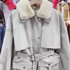 Women's Leather Korean Women Faux PU Coat With Belt Khaki Black Autumn Winter Loose Big Pocket Lamb Wool Lining Female Biker Jacket