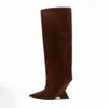 Europe And The United States Fashion Designer Pointed Toe Slope With Shaped Heel And Knee Sleeve Fashion Boots Large Size Women's Shoes