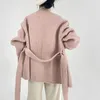 Womens Wool Blends High Quality Loose Doublesided Coat Midlength Women Bathrobe Style Vneck Long Sleeve Laceup Woolen Jacket Autumn Winter 231021