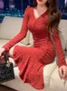 Basic Casual Women Dresses Summer Sexy Elegant Women Midi Dress Red Long Sleeve Ruffles Mermaid Lady Clothes Evening Party Robe Femme Folds Bodycon Vestidos 2024