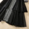 Outono preto houndstooth painéis lantejoulas tweed vestido manga longa entalhado-lapela com cinto longo maxi vestidos casuais s3o141011