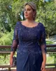 Aftonklänningar Dark Navy Prom Party-klänning Beaded Mermaid Applique Ny anpassad plusstorlek Scoop 3/4 långärmad chiffong lårhöga slitsar