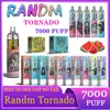 Original RandM Tornado 7000 Puffs Einweg-Vape-Stift Randm 7000 Puff 7000 E-Zigaretten 14 ml Pod Mesh Coil 6 leuchtende wiederaufladbare luftverstellbare 0/2/3/5 %-Geräte