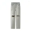 Женские джинсы, светлые перфорированные прямые брюки для женщин, весна 2023, свободные винтажные широкие брюки с высокой талией