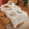 Nappe de table en coton et lin de couleur unie, tissu léger de luxe en dentelle au Crochet, pour fête de mariage, avec pompons de thé, accessoire de fond 231020