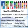 Original UZY Bang King 6000 Puff Disposable E Cigarettes 0.8ohm Mesh Coil 14ml Pod Battery Rechargeable Electronic Cigs Puff 6K 0% 2% 3% 5% Vape Pen