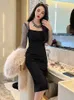 Basic Casual Women Dresses Spring Women Midi Dress Elegant Casual Sexy Black Sheer Mesh Rhinestone Long Sleeve Bag Hip Slit Outfit Femme Vestido Para Mujer 2024