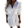 Casual Dresses Women Chic Embroidery Hollow Out Party Dress Sexy Lace Button Tie Cutout Long Sleeve V Neck Ruffles Shirt