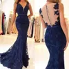 Evening Dresses Dark Navy Prom Party Gown Illusion Mermaid V-Neck Sleeveless Lace Applique New Custom Plus Size Button