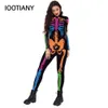 Fluorescerande skalle rack 3D tryckt halloween cosplay kostym sexig jumpsuit bodysuit vuxen karneval festkläder s-xl