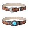 Ceintures Cowboy pour hommes Western avec grande boucle ceinture Turquoise cuir Vintage Jeans R7RF