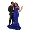 Bling Blue Evening Celebrity Dress 2024 V-neck Sleeveless Sequined Long Prom Party Gowns For Black Girl Robe De Soiree