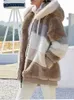 Wełna mieszanki damskiej rozmytą polarową kurtkę z kapturem zamek błyskawiczny kolorowy blok miękki Pełny swobodny futra Patchwork długoterminowe płaszcze odzieży wierzchniej z kieszenią 231020