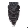 Clip In / On Extensiones de cabello largo ondulado en negro natural Virgen Brasileño Cuerpo humano Onda Ins Extensión 8 piezas / 120 g Productos de entrega de gota Dhczn