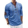 Camisetas para hombres Camisa con cordón y cuello alto vintage Hombres Casual Manga larga Patchwork con cordones Top Otoño Ropa para hombre Moda Camisetas sueltas