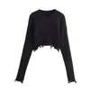 Women's Sweaters Zevity 2023 Women Fashion Broken Hole Decoration Short Style Knitting Sweater Female Long Sleeve Crop Pullovers Coat Tops SW5266 231020