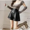 Women's Shorts Black Faux Leather A-Line Women With Belt High Waist Loose Pocket Wide Leg PU Casual Pants 2023