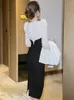 Basic Casual Dresses Fashion Elegant Sexy MIdi Dresses for Women Black White Spliced Sheer Lace Long Sleeve Slim Split Robe Female Party Office 2024