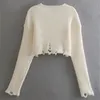 Women's Sweaters Zevity 2023 Women Fashion Broken Hole Decoration Short Style Knitting Sweater Female Long Sleeve Crop Pullovers Coat Tops SW5266 231020