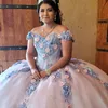 Himmelblå quinceanera klänningar bollklänning för söta flickor 3d blommor vestidos de xv anos pärlor födelsedag prom klänning