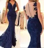 Evening Dresses Dark Navy Prom Party Gown Illusion Mermaid V-Neck Sleeveless Lace Applique New Custom Plus Size Button