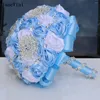 Fiori nuziali JaneVini Affascinanti bouquet da sposa in nastro bianco azzurro con bouquet di rose in raso artificiale con strass argento