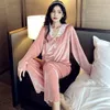 Women's Two Piece Pants Fdfklak Autumn Winter Women's Home Clothes Long-Sleeved Pajama Sets Sexy Gold Velvet Two-Piece Suit Pijama Feminino 231021