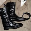 Bottes de chevalier pour femmes, mi-mollet, doublure en Pu, cuir authentique, talon bloc, noir, blanc, tendance de la mode occidentale d'automne