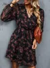 Urban Sexy Dresses MISS PETAL Black Floral Chiffon A-Line Mini Dress Woman Sexy V-neck Long Sleeve Party Dress Spring Autumn Female Sundress 231021